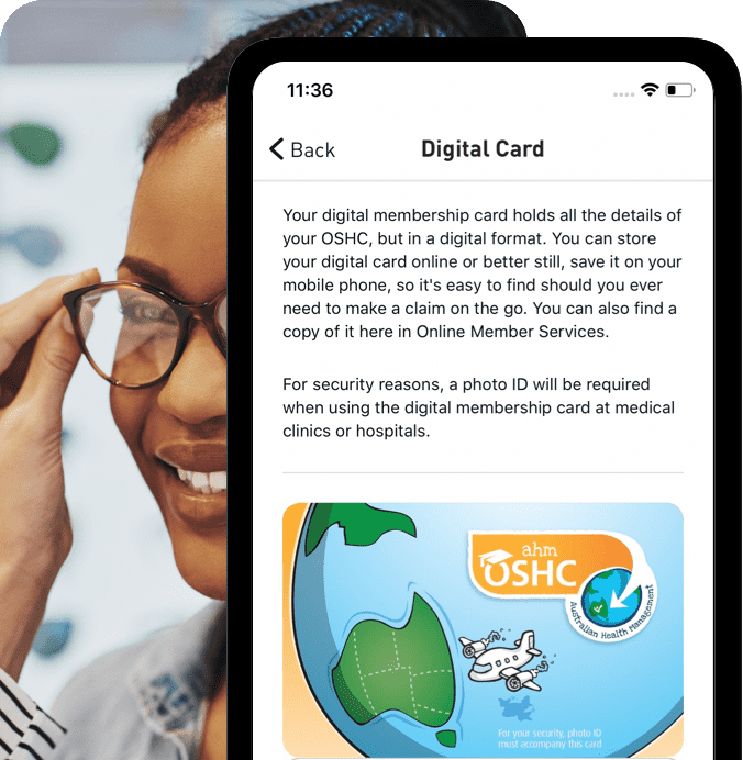 Screenshot of the Digital card section of the ahm OSHC app