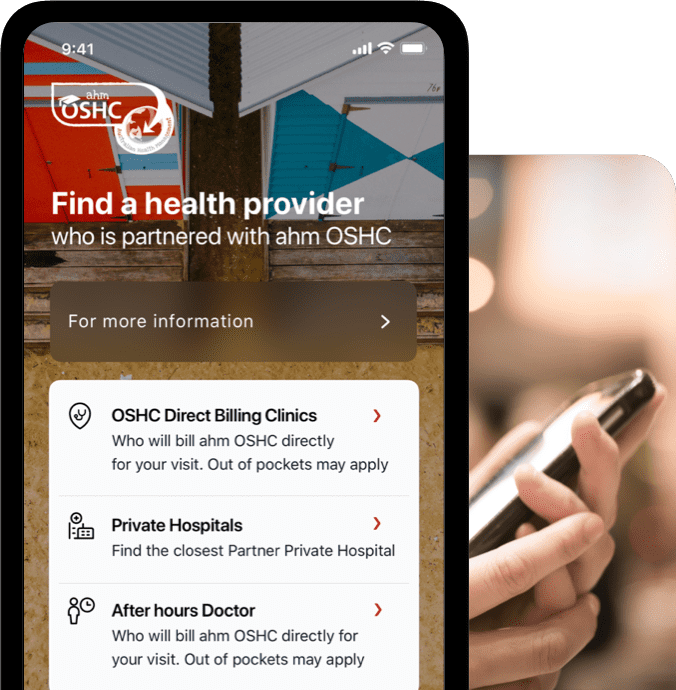 Screenshot of the Find a health provider section of the ahm OSHC app